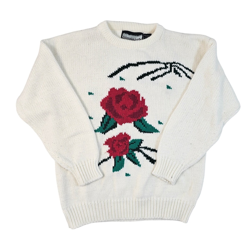 Vintage Bramble Lane‎ Rose Intarsia Knit Sweater Cream Red Floral Crewneck Large